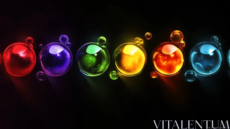 Luminous colored spheres arranged in horizontal sequence.