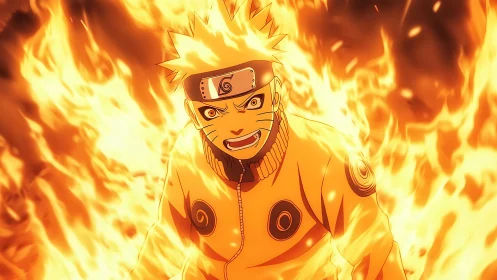 Anime ninja warrior engulfed in bright blazing chakra flames.