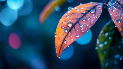 Rain-kissed ember leaf against dream-bright midnight bokeh.