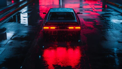 Neon-lit retro coupe in rainy tunnel with reflective wet asphalt