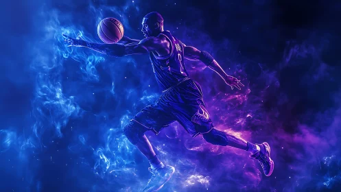 Electric basketball leap glowing with bold cosmic energy.