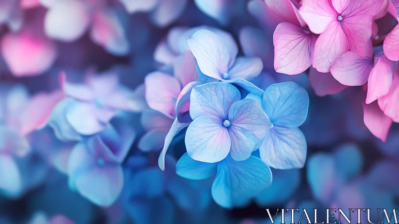 Blue Hydrangea Blooms Soft Focus. Pink Petals Bokeh.