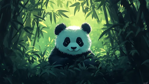 Curious panda peeking through dreamy bamboo forest light.
