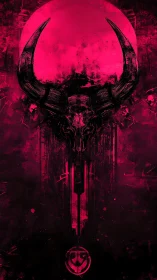 Horned skull emblem before red circle on dark textured field.