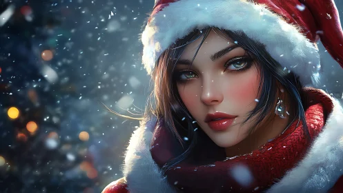 Snowy close-up of festive woman in red Santa hat portrait.