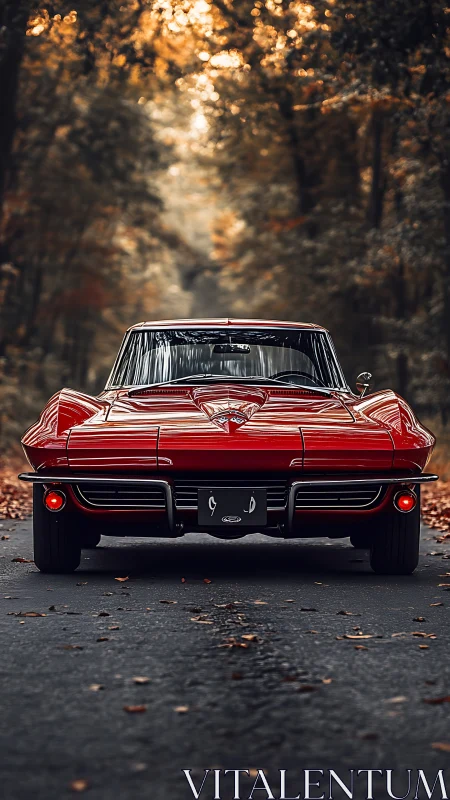 Classic red sports coupe stands parked on forest road
