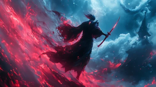 Backlit samurai silhouette amid red ether and storm clouds
