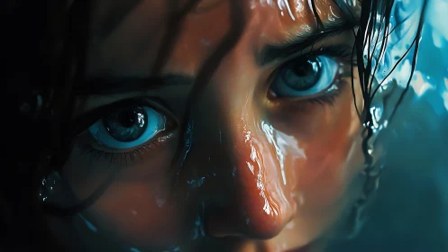 Liquid light clings to determined eyes in close storm stare