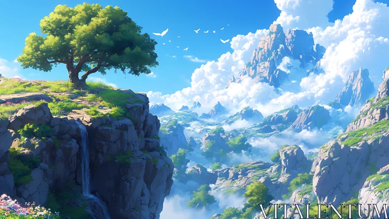 Tree on cliff above misty valley with distant rocky peaks.