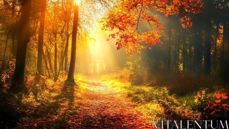 Golden-Hour Forest Path with Backlighting, Autumn Foliage and Lens Flare