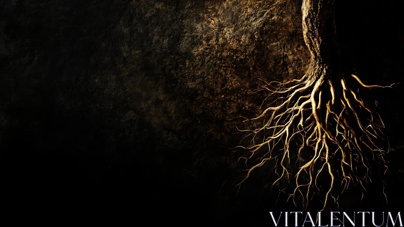 Exposed Tree Roots in Dark Earth, Dramatic Digital Art Style.