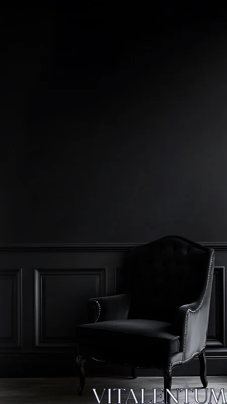 Black armchair stands against dark wainscoted interior wall