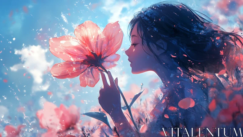 Side profile girl inhaling translucent pink flower at dawn