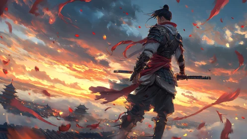 Armored swordsman stands over distant city at sunset