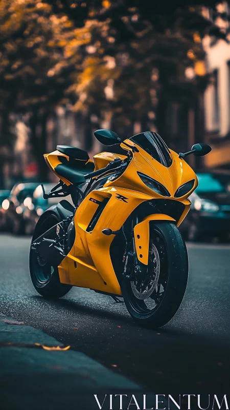 Sunlit yellow superbike poised like a urban street predator.