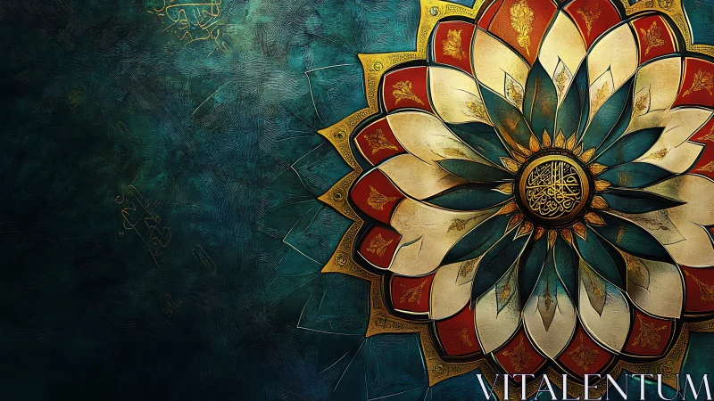 Celestial teal mandala blooming with gilded sacred echoes.