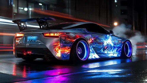 Neon-lit tuner coupe with dynamic LED body graphics accelerates at night