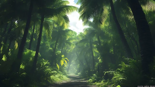 Tropical Forest Canopy with Palm Trees and Sunlit Path.