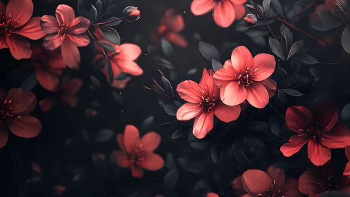 Red flowers rendered with depth of field effect on dark background