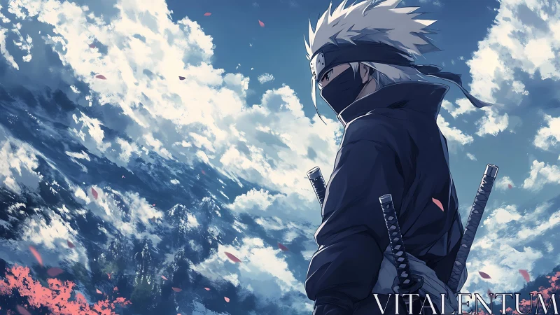 Quiet masked warrior gazing into a wide, windswept sky.