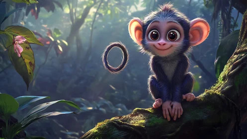 Curious baby monkey with floating ring in lush jungle light.