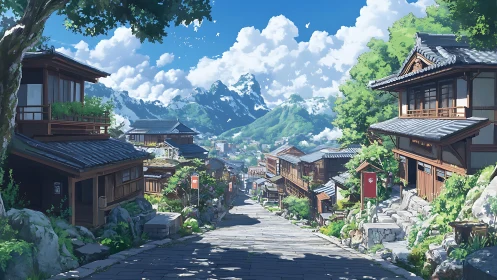 Sunlit mountain village street with traditional wooden townhouses