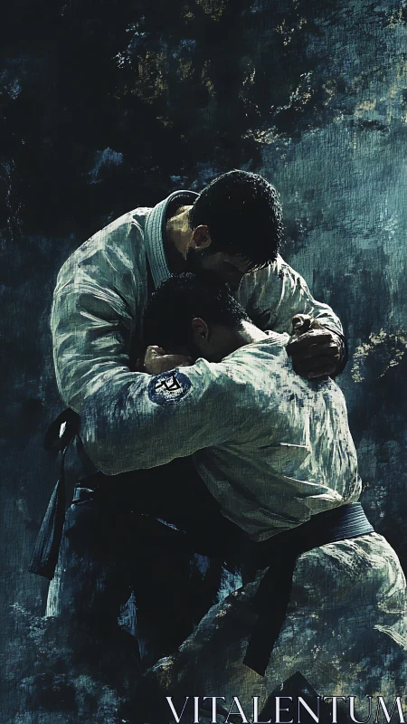 Martial artists locked in intense grappling clinch pose.