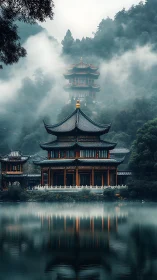 Fog-veiled multi-tiered pagodas mirrored on tranquil lakeshore