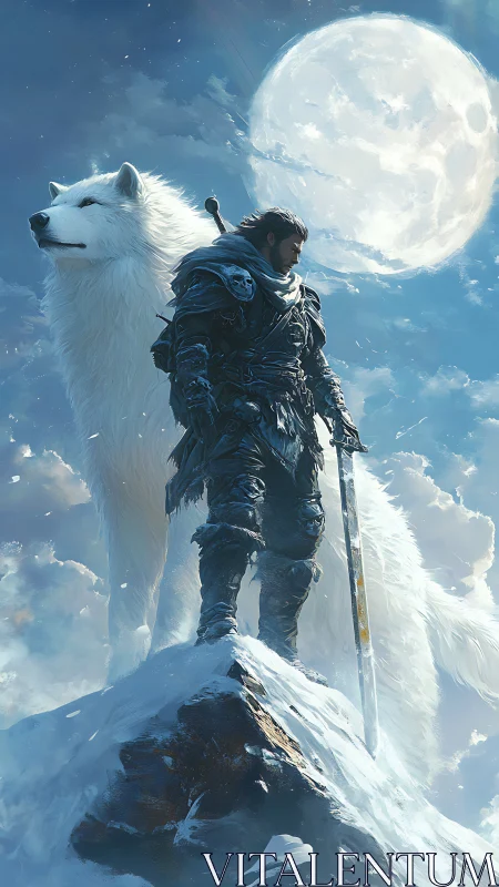 Warrior with white wolf under full moon on snowy peak.