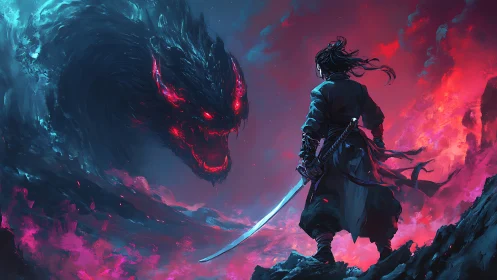 Samurai faces colossal demonic dragon in fiery storm sky.
