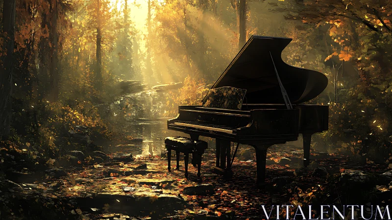 Grand piano stands in sunlit autumn forest clearing