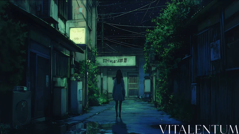 Solitary girl in dim neon alley under tangled night sky.