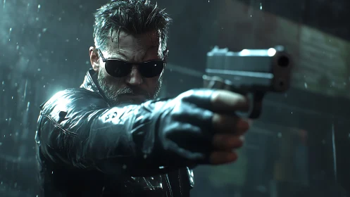 Determined action hero stands firm in the rain, focused and ready.