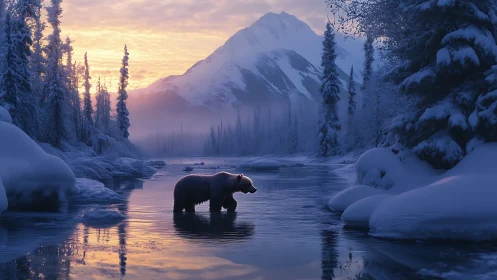 Winter morning bear wanders through a tranquil icy river