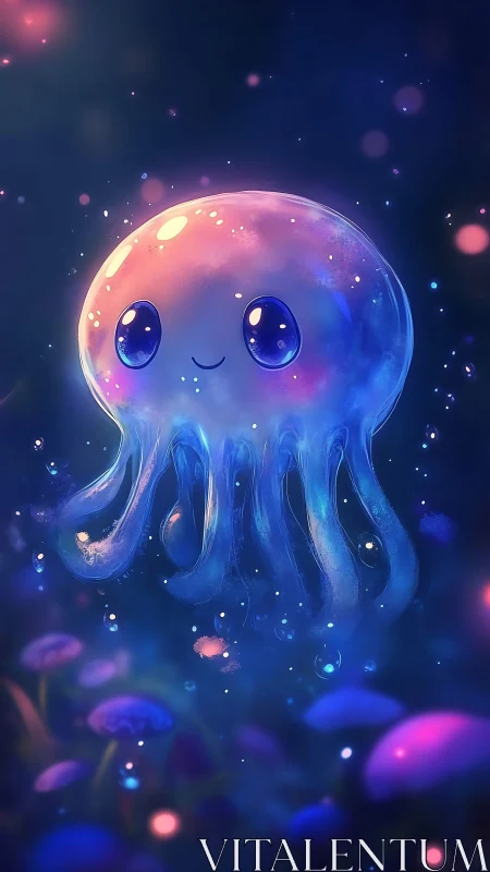 Bioluminescent chibi jellyfish in glowing neon seabed dreamscape.