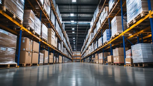 Cathedral of cartons in a gleaming industrial warehouse aisle.