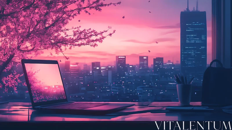 Laptop on desk overlooks neon pink cityscape at dusk