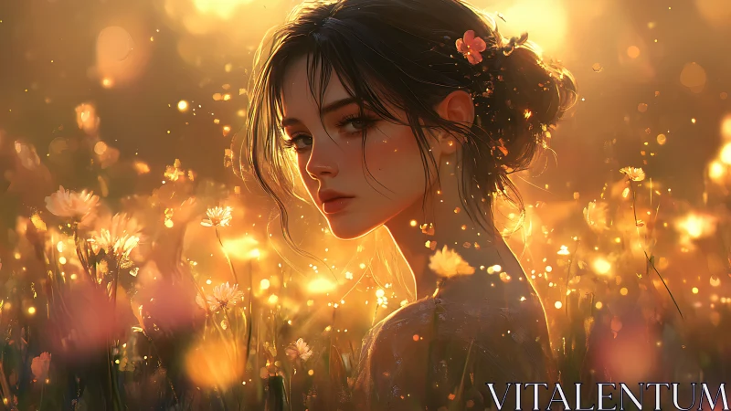 Female figure in sunlit field with dense floral foreground.