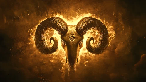 Ram skull with flaming halo and ornate golden horn symmetry.