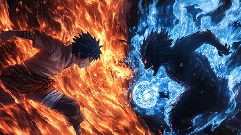 Opposing elemental warriors colliding in explosive fire and ice