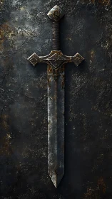Weathered medieval sword against dark textured wall.