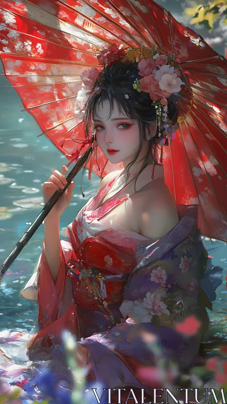 Woman in floral kimono holding red umbrella by water.