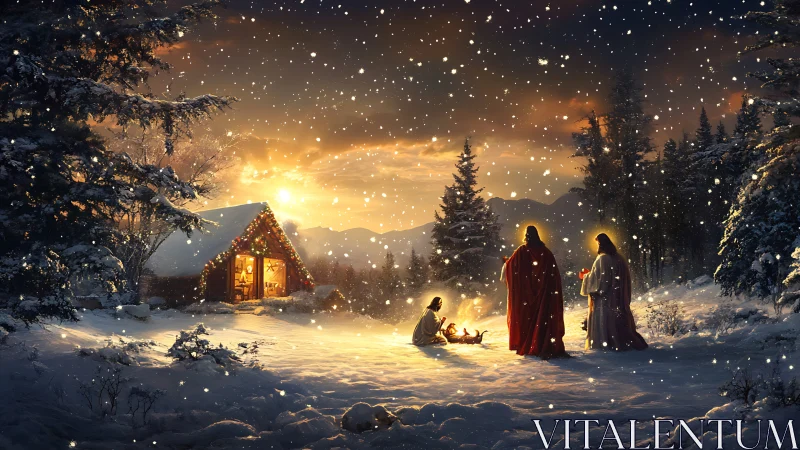 Midwinter nativity glows beside a lantern lit forest cabin.