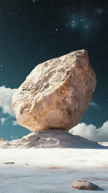 Cosmic boulder poised between frozen ground and starlight.