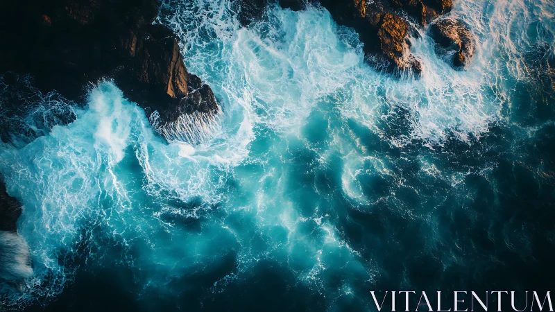 Turbulent turquoise surf hurls itself against ember-lit cliffs