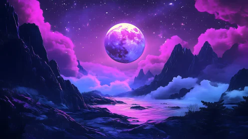 Purple moon dominates neon-lit alien mountain seascape