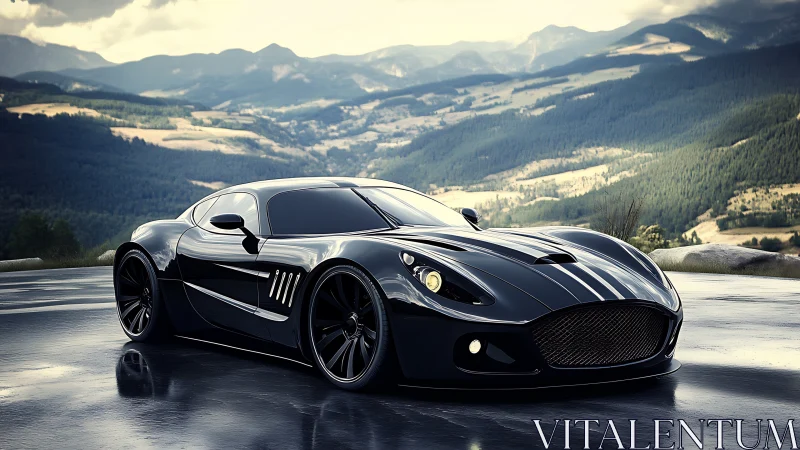 Black supercar reflects wet mountain road under soft sky