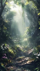 Forested ravine pathway with canopy light penetration and understory vegetation