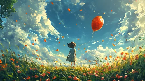 Child holds red balloon in windy flower field under clouds