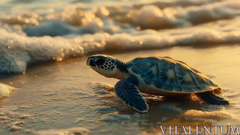 Baby sea turtle greeting the golden shoreline at sunset.